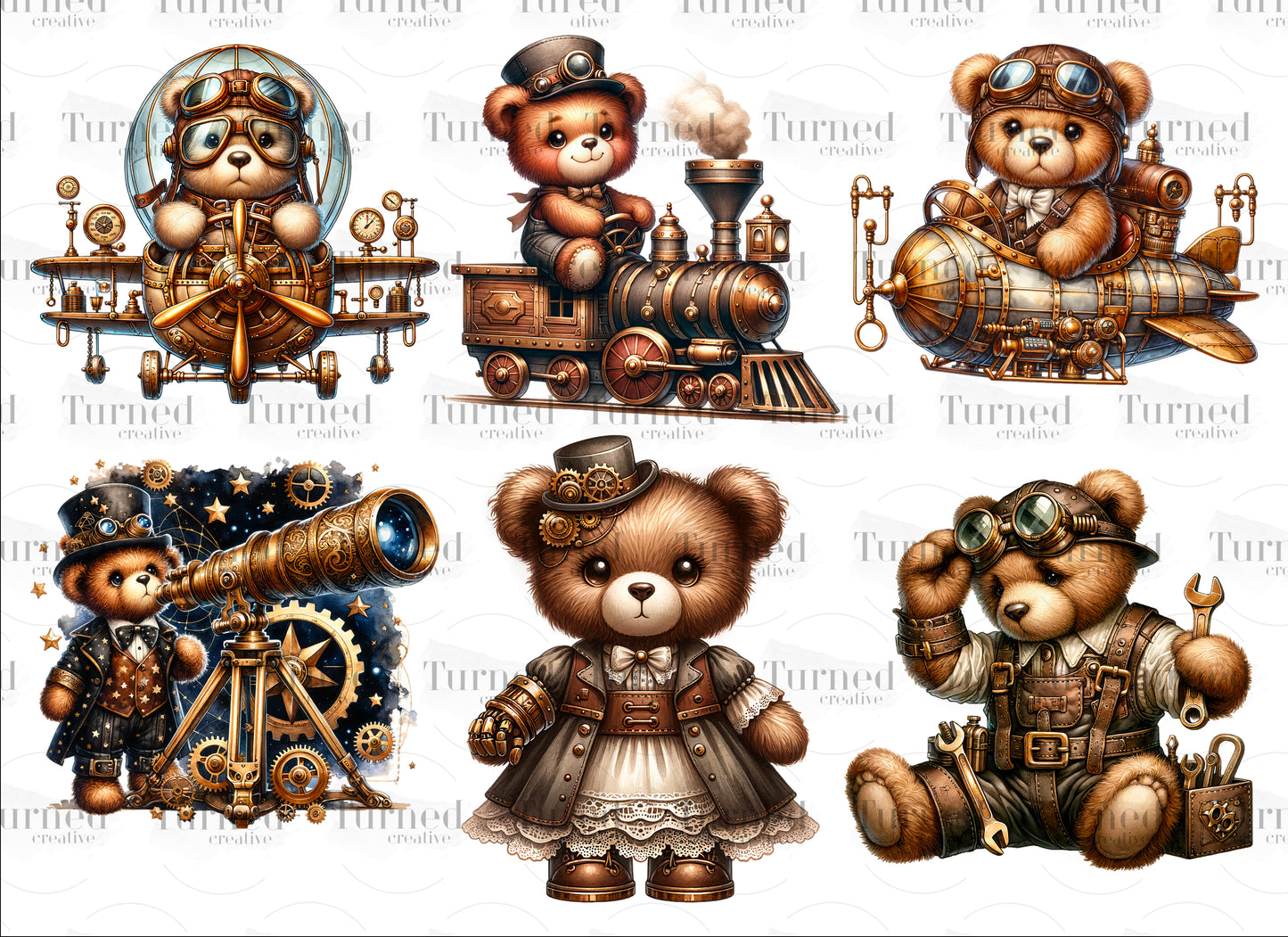 UV DTF Element Sheet: Steampunk Teddy Bears