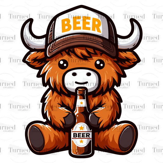 highland cow with beer bottle uv decal